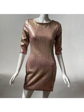As U Wish Sequin Rose Gold Mini Dress S - 3/4 Sleeve Scoop Back Party Wear